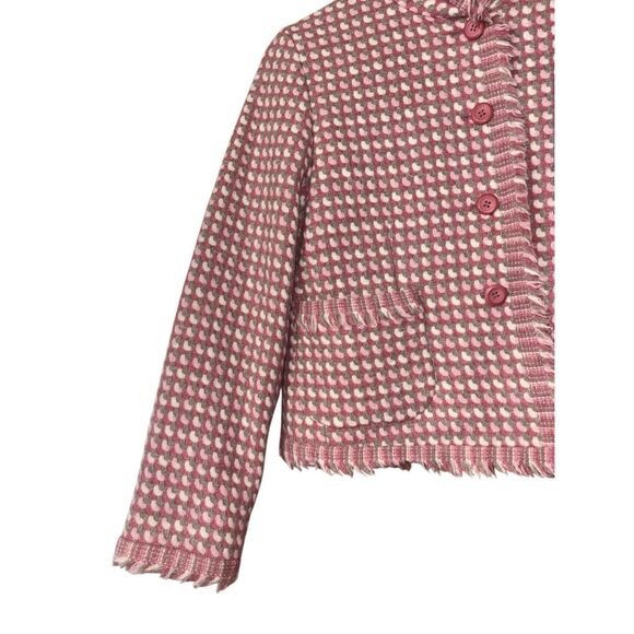 Pendleton Tweed virgin wool Blazer cropped pink gray cream fringe size 6P Made i - Picture 10 of 10